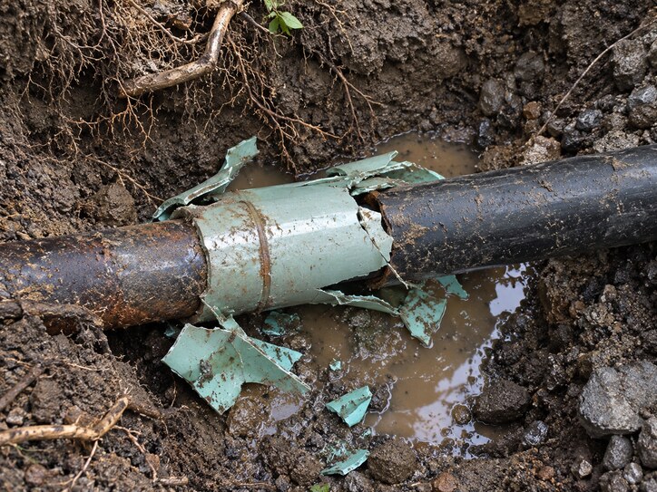 Pipe bursting head and fused HDPE pipe joint in an excavated trench during trenchless sewer line replacement