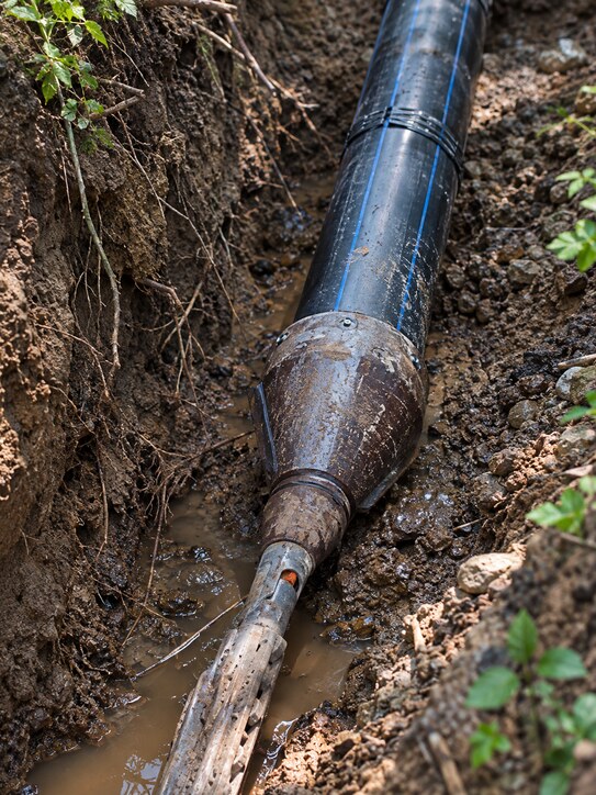 Pipe bursting head attached to HDPE pipe during trenchless installation in an excavated trench