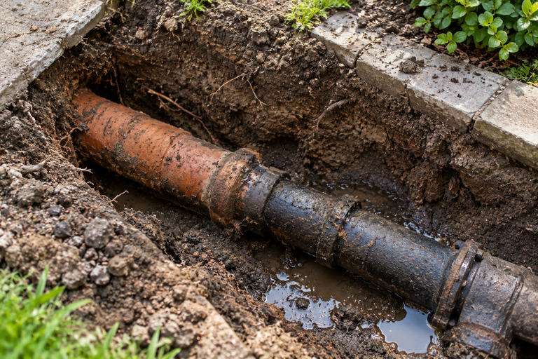 LiningWorks Trenchless Pipe Repair & Sewer Pipe Lining inspecting an excavated cast iron sewer pipe for needed repairs.