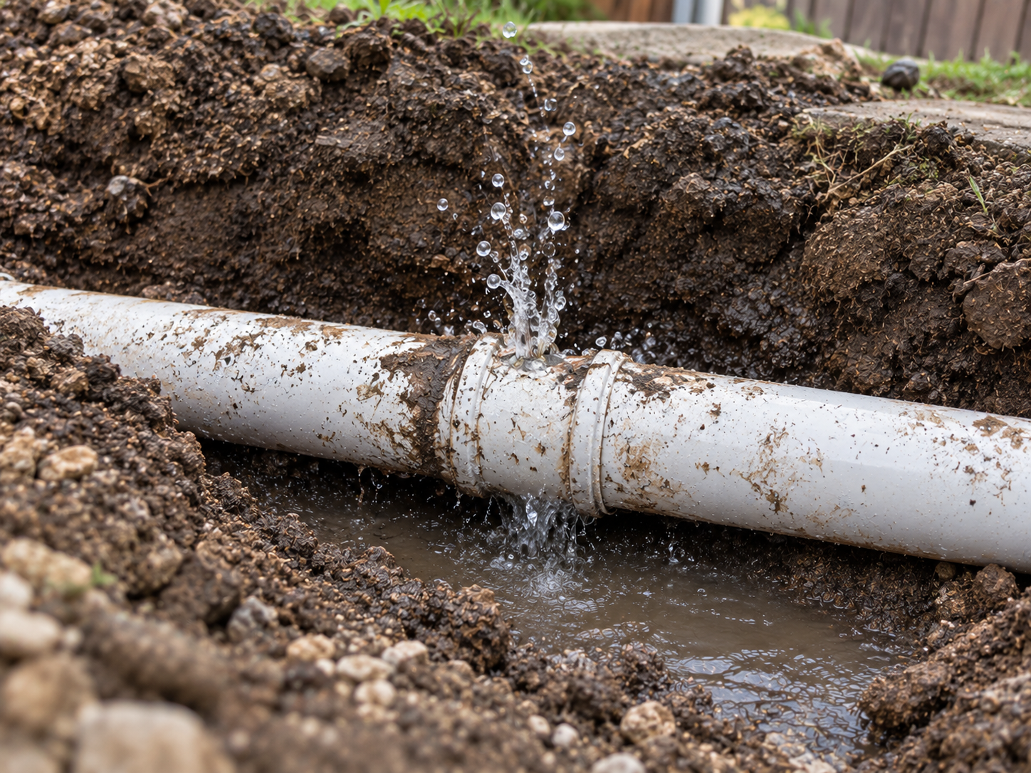 LiningWorks Trenchless Pipe Repair & Sewer Pipe Lining inspecting a pipe joint failure with active leak in an excavated trench.