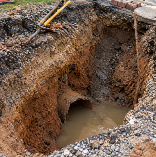 Storm drain pipe joint failure contributing to sinkhole formation at commercial parking lot.