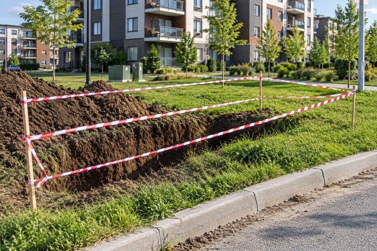 Excavation and barricaded site prep for a condo sewer repair project.