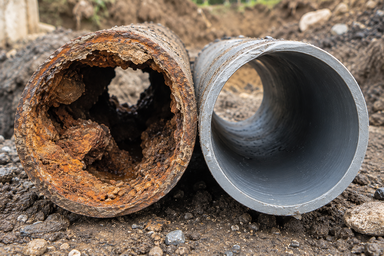 Before and after: a corroded cast iron sewer pipe beside the clean new pipe that replaced it.
