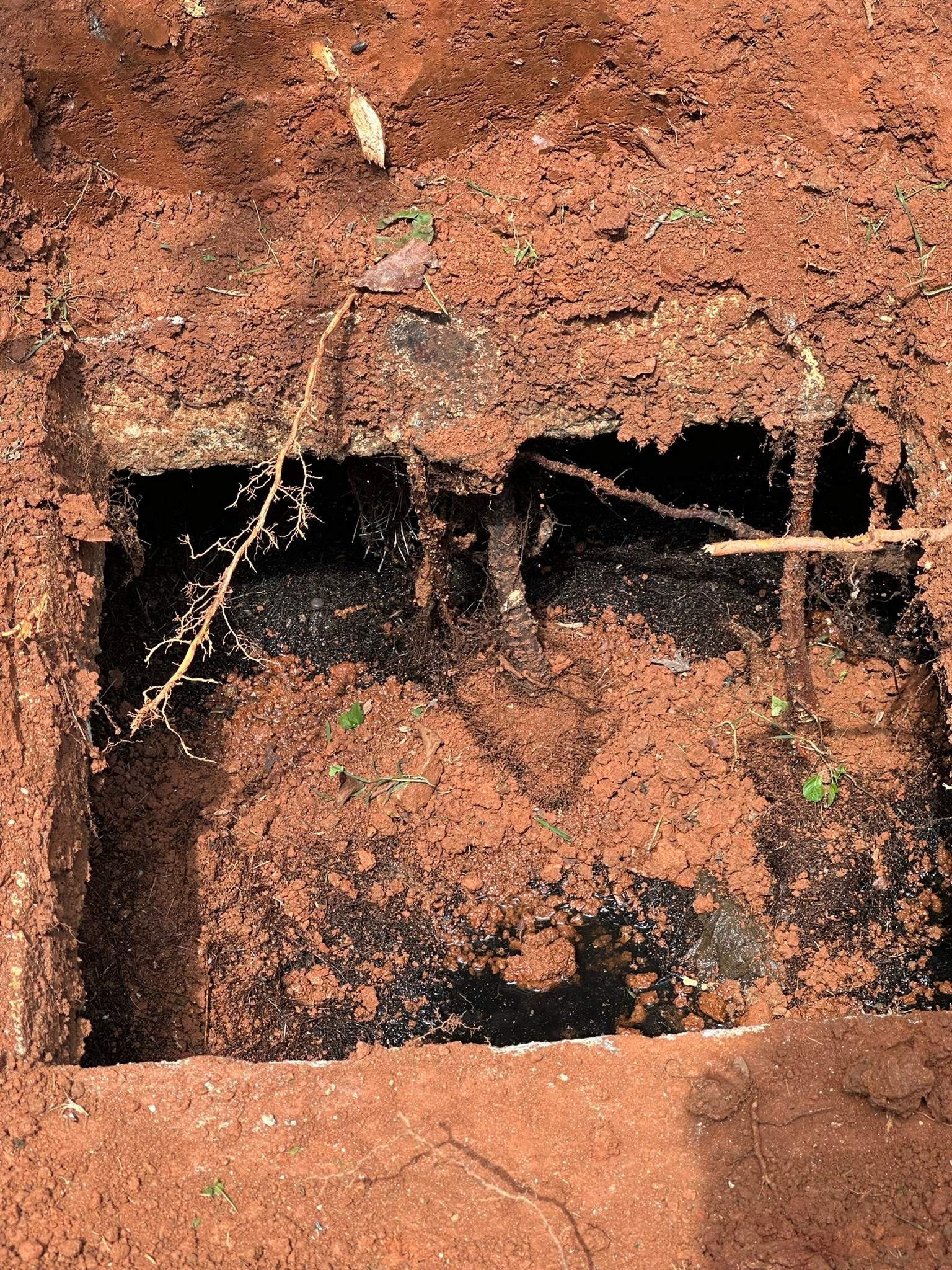 Storm drain pipe interior showing structural condition causing recurring blockage.