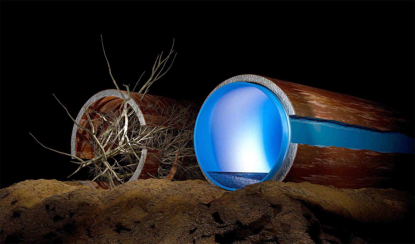 Before and after: a sewer pipe with severe root intrusion and the same line after a trenchless sewer lining installation.
