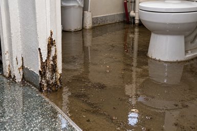 Wastewater backed up into a residential bathroom, the result of a blocked main sewer line.