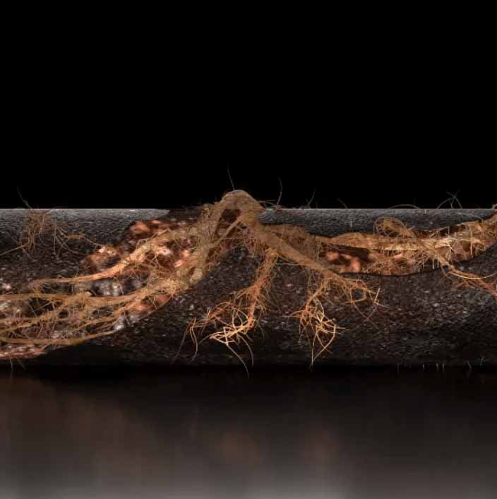 Tree roots growing through a broken sewer pipe, a leading cause of repeat sewage backups.